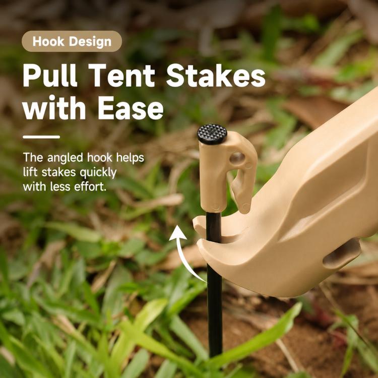 Khaki stake puller hook on a camping hammer for lifting tent stakes.