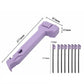 Purple tent stake hammer set with 8 steel pegs shown with size diagram.