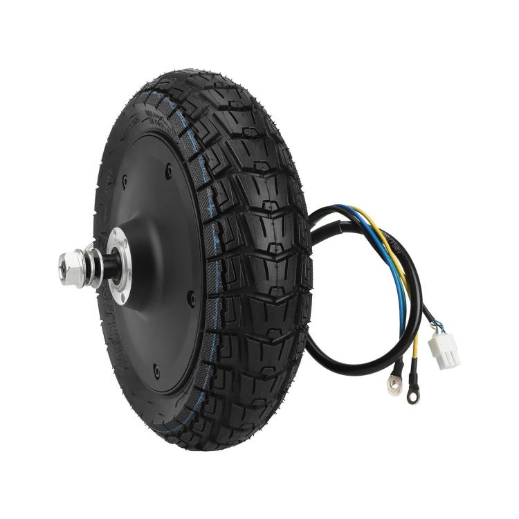 Black electric scooter hub motor wheel assembly with tubeless tire, cables and connector