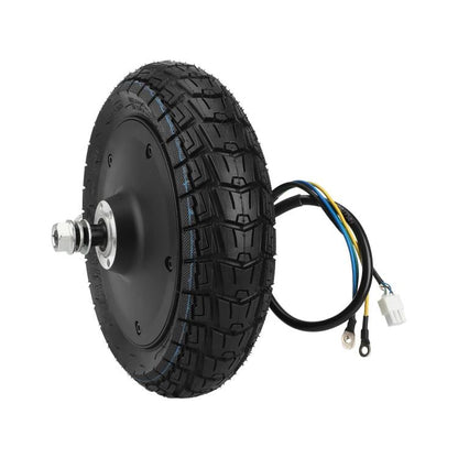 Black electric scooter hub motor wheel assembly with tubeless tire, cables and connector