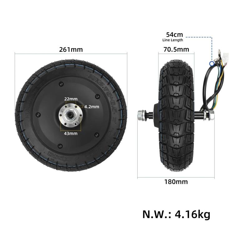 Wheel and tire dimensions: 261mm x 180mm; cable length 54cm; weight 4.16kg