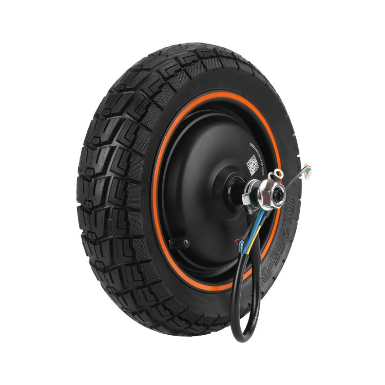 Black tubeless rear hub motor wheel with knobby tire and orange rim stripe
