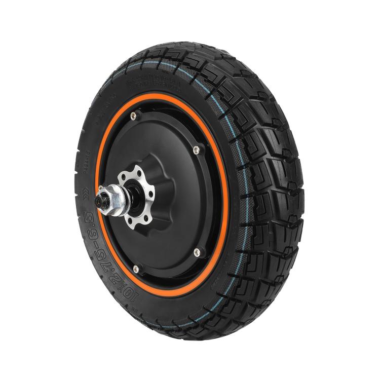 Rear motor wheel with black hub, knobby tire tread, orange rim stripe, mounting plate