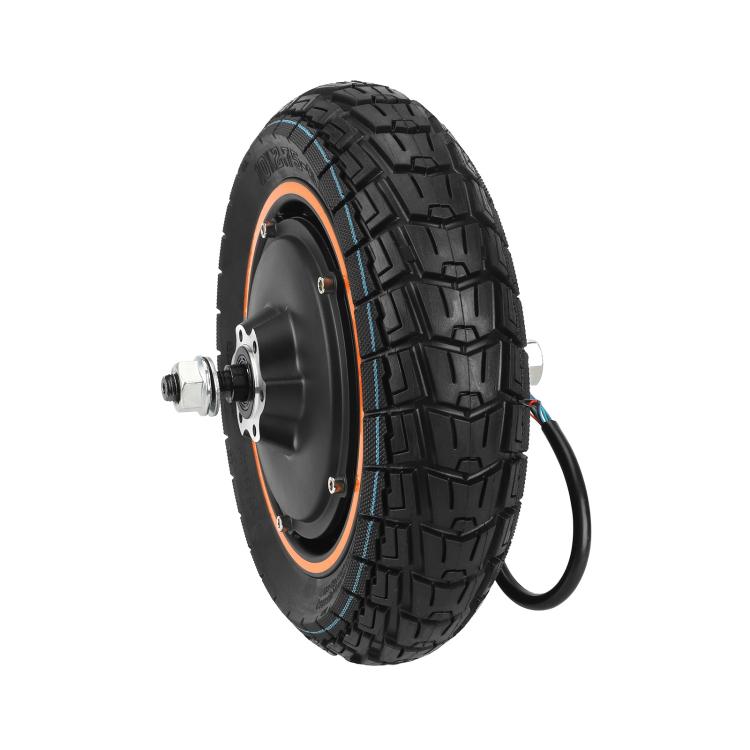 Rear hub motor wheel with black knobby tire, orange ring, and attached power cable