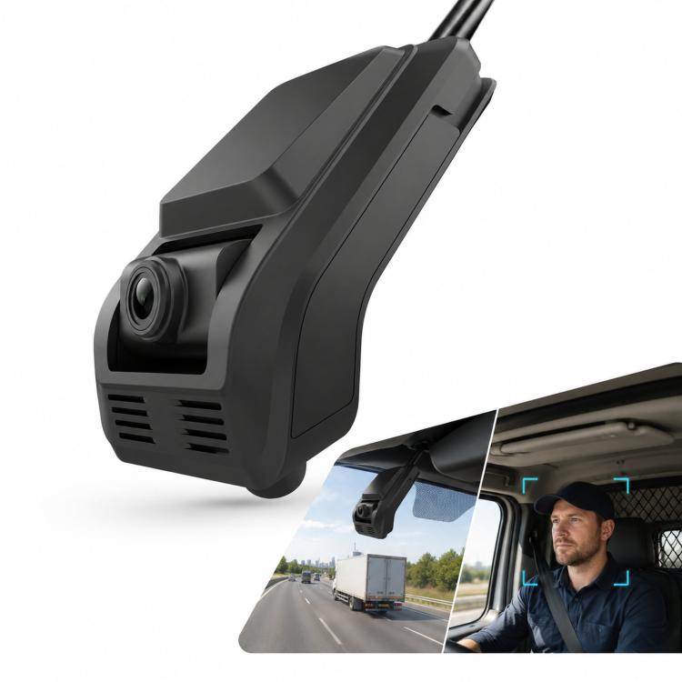 Dual-lens dash cam with front camera and rear view inset, with wired connection