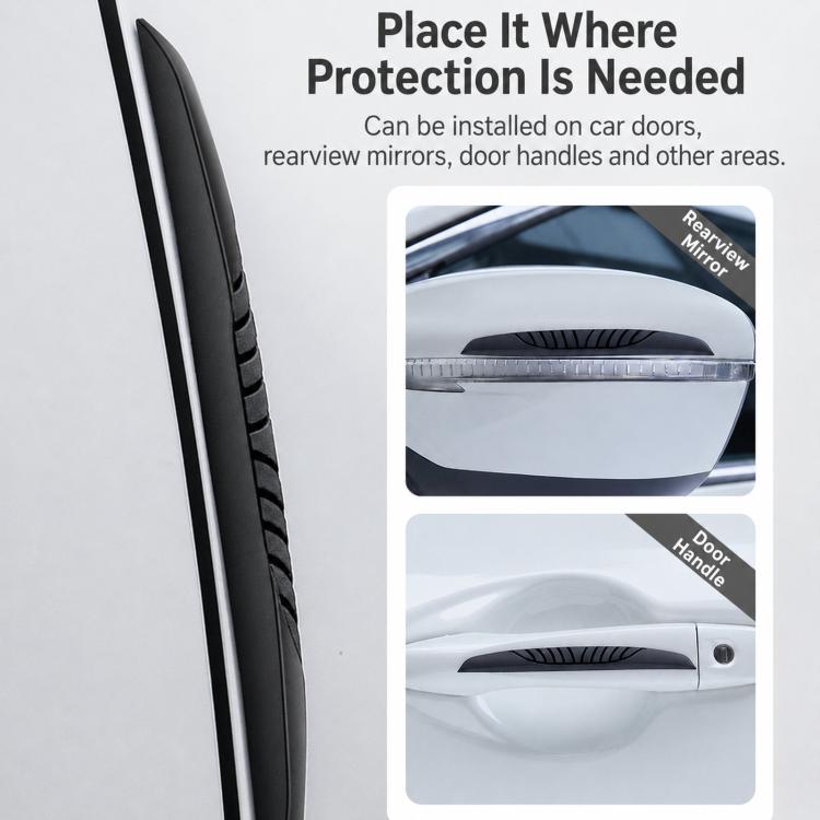 Car door edge and mirror anti-collision strips shown for installation along edges.