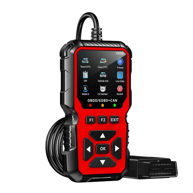 Handheld red OBD2 diagnostic scanner with screen, function buttons, and OBD cable