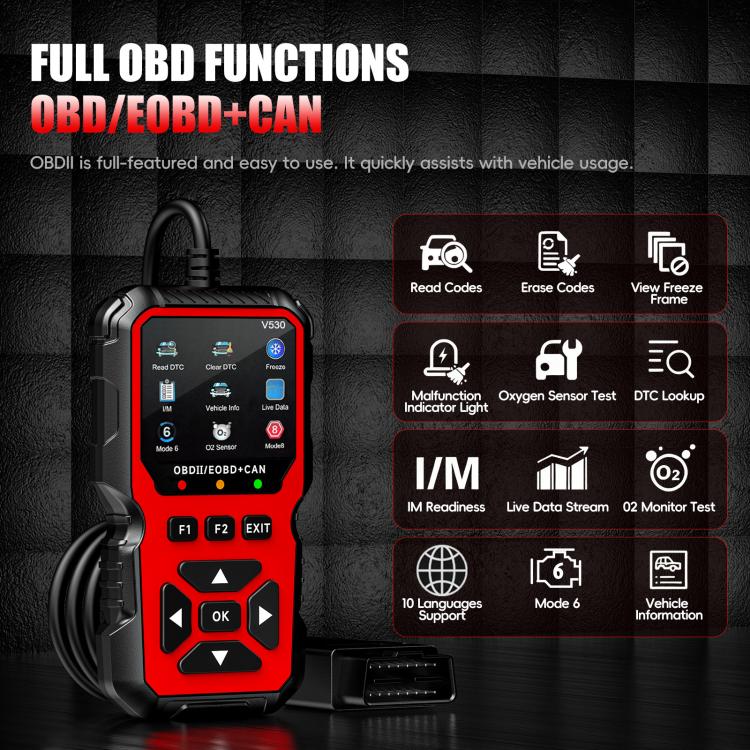 Red OBD2 scanner with keypad and display, plus OBD connector cable
