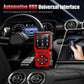 Red OBD2 scanner near steering wheel, OBD connector and large button pad