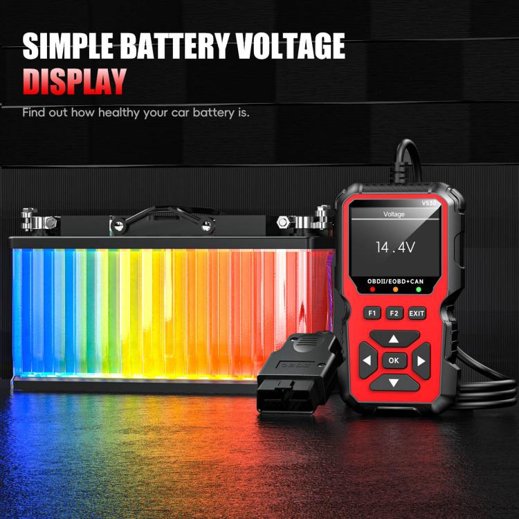 Red OBD2 scanner displaying battery voltage, beside connected diagnostic cable