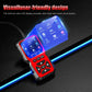 Red OBD2 scanner angled close-up with illuminated LCD and central OK button