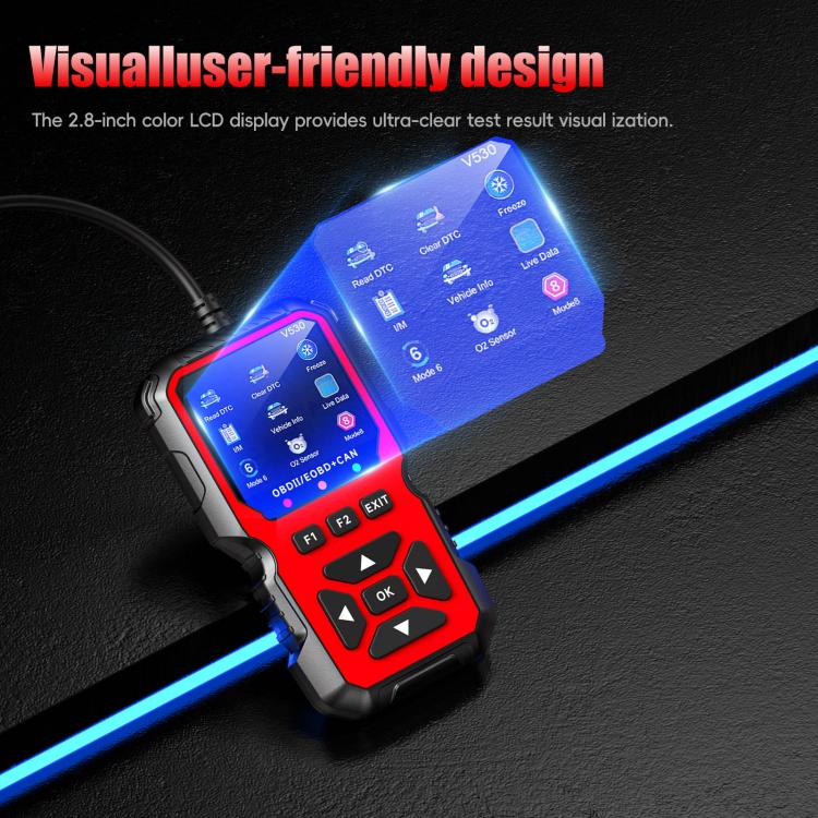 Red OBD2 scanner angled close-up with illuminated LCD and central OK button