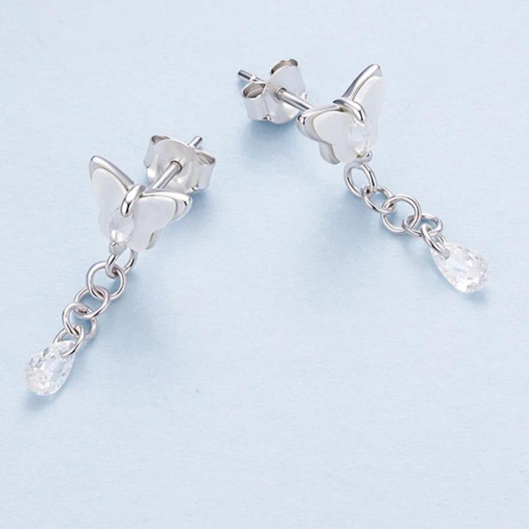 Butterfly stud earrings with hanging teardrop crystal charm and linked chain tassels