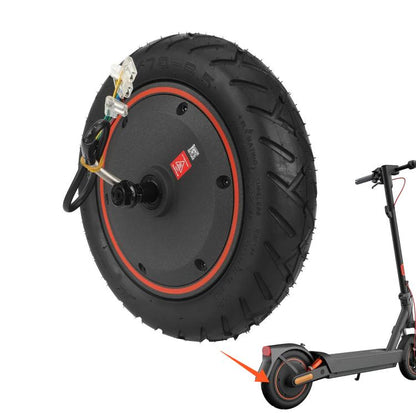 Rear electric scooter hub motor wheel with black tubeless tire and orange rim ring