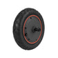Rear hub motor wheel with black tire, orange rim ring, and central axle