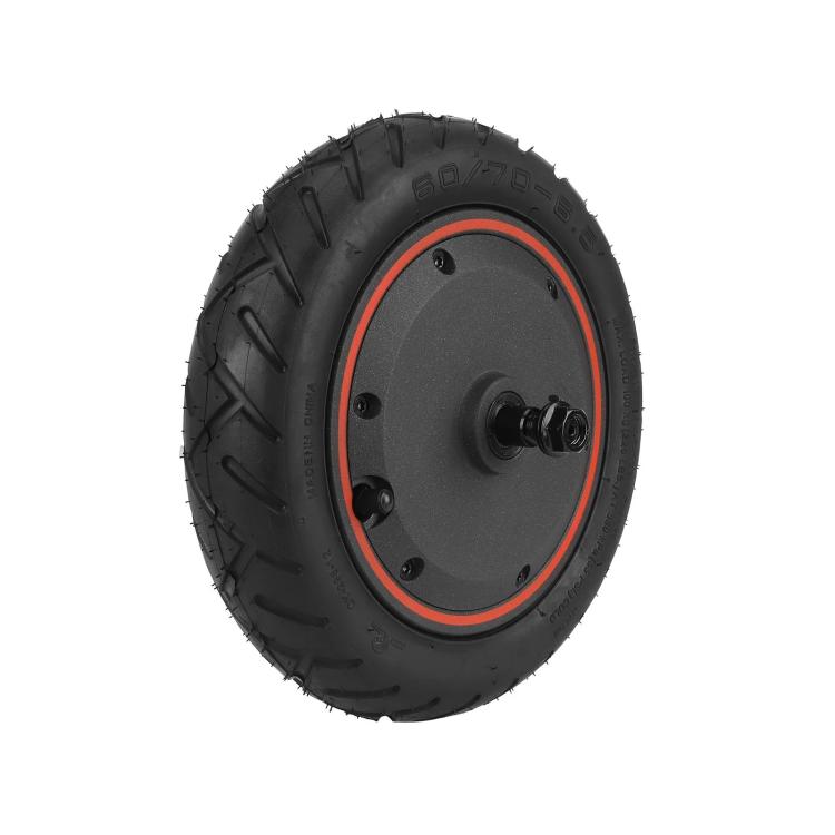 Rear hub motor wheel with black tire, orange rim ring, and central axle