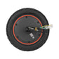 Rear hub motor wheel with black tire, orange ring, exposed cable and connector plugs