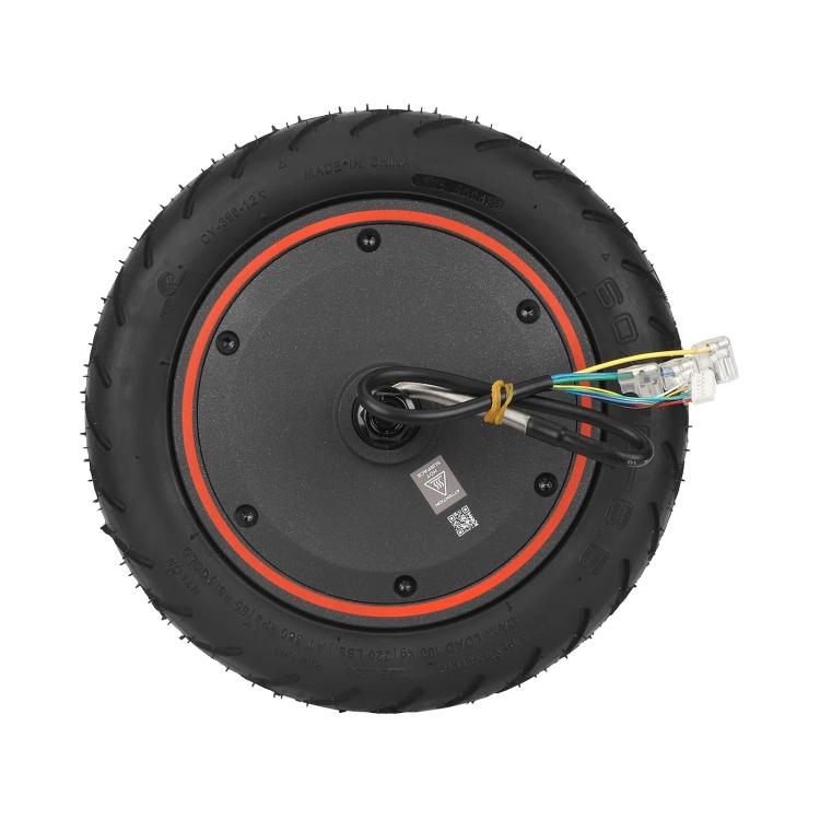 Rear hub motor wheel with black tire, orange ring, exposed cable and connector plugs