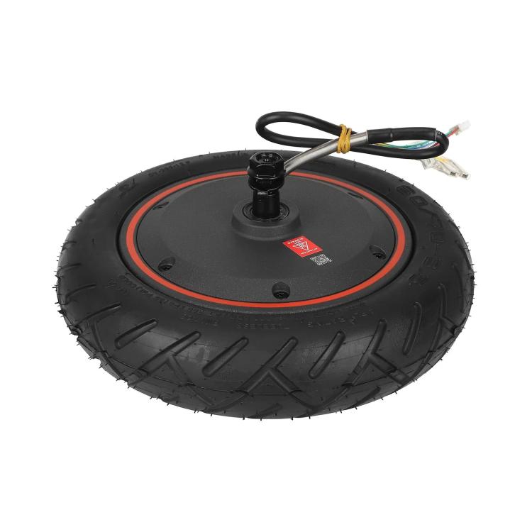 Rear hub motor wheel with black tire, orange rim ring, and top-mounted cable