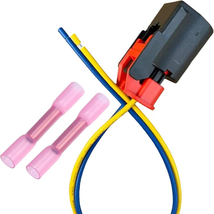 Coolant temperature sensor connector with two pink terminal insulators and blue/yellow wires