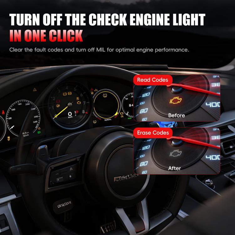 Black handheld OBD2 engine fault code scanner with screen for reading and erasing codes