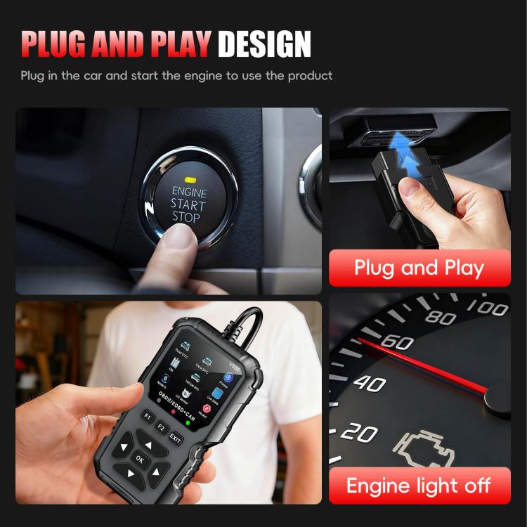 Black plug-and-play OBD2 scan tool with cable, handheld with button controls