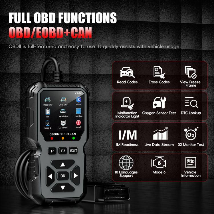 Black OBD2/EOBD+CAN diagnostic scanner front view with function icons on display