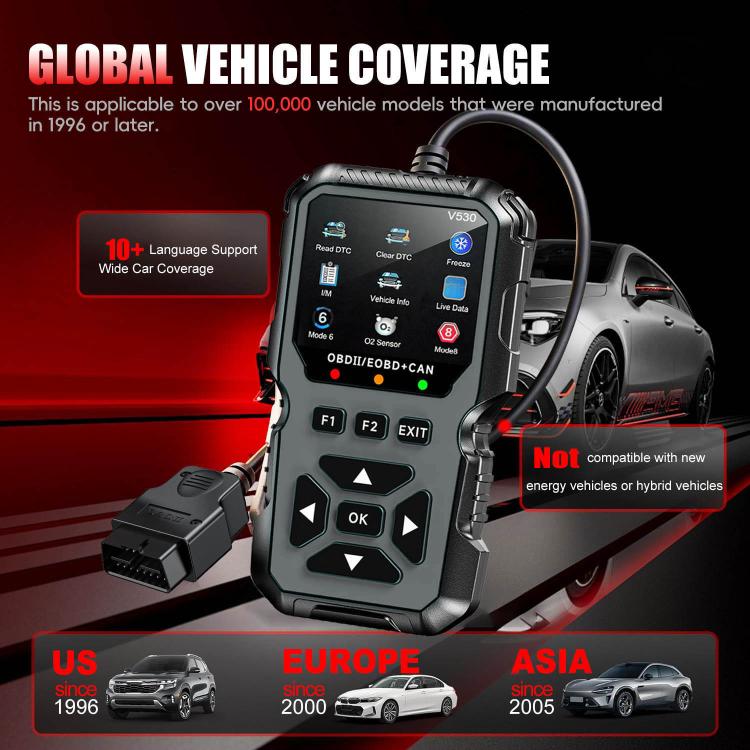 Black OBD2 scanner connected to a car, showing front panel and screen
