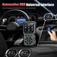 Black universal OBD2 scanner positioned in front of steering wheel with connector