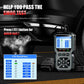 Black OBD2 scanner for smog readiness test, shown with illuminated screen