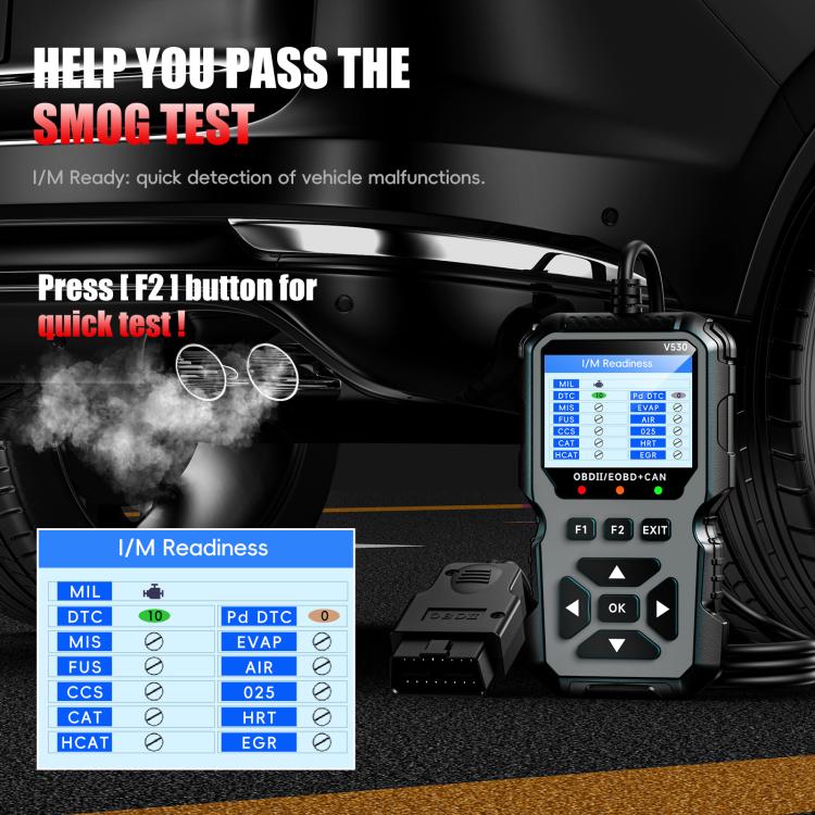Black OBD2 scanner for smog readiness test, shown with illuminated screen