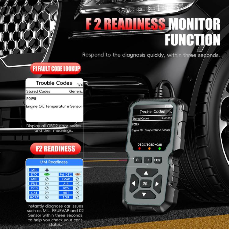 Black OBD2 scanner with F2 readiness monitor display and on-screen menu