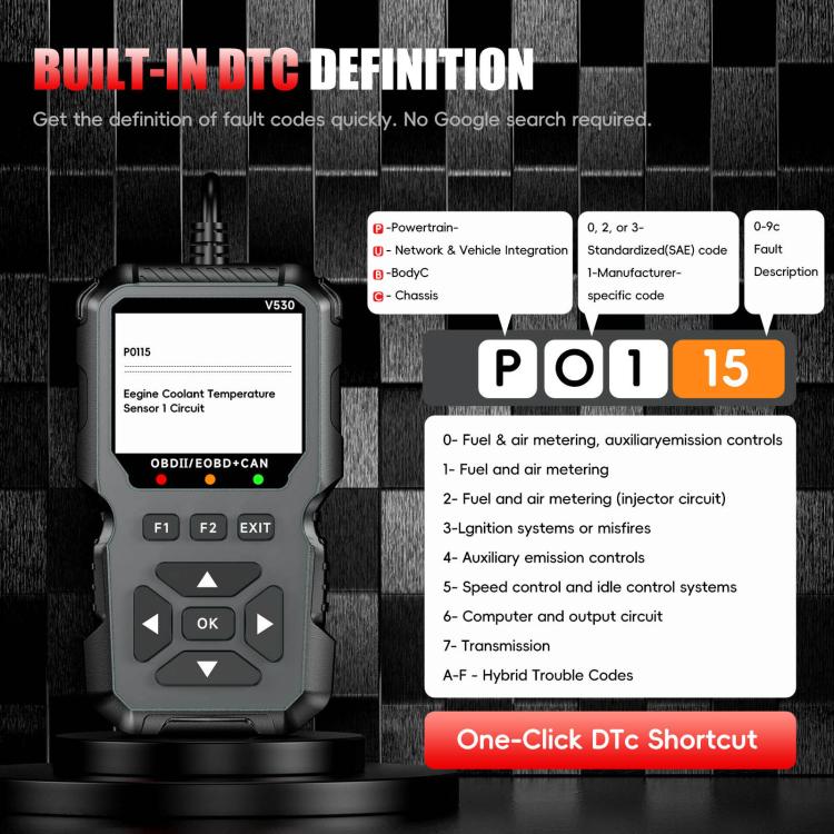 Black OBD2 diagnostic scanner with built-in DTC definition screen