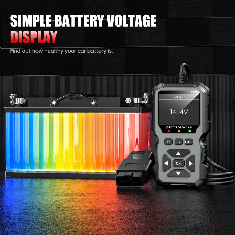 Black OBD2 scanner with voltage display, connected to OBD cable
