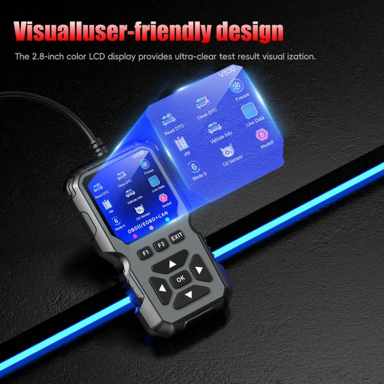 Black OBD2 scanner featuring a bright color LCD screen and control buttons