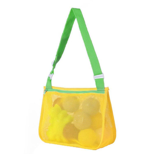 Mesh single-shoulder pouch bag in yellow with green strap, zip-top mesh pocket