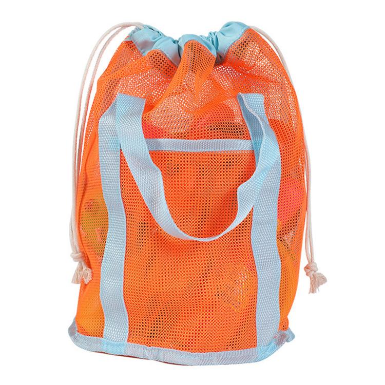 Orange and light-blue mesh drawstring tote with front pocket and soft handle straps