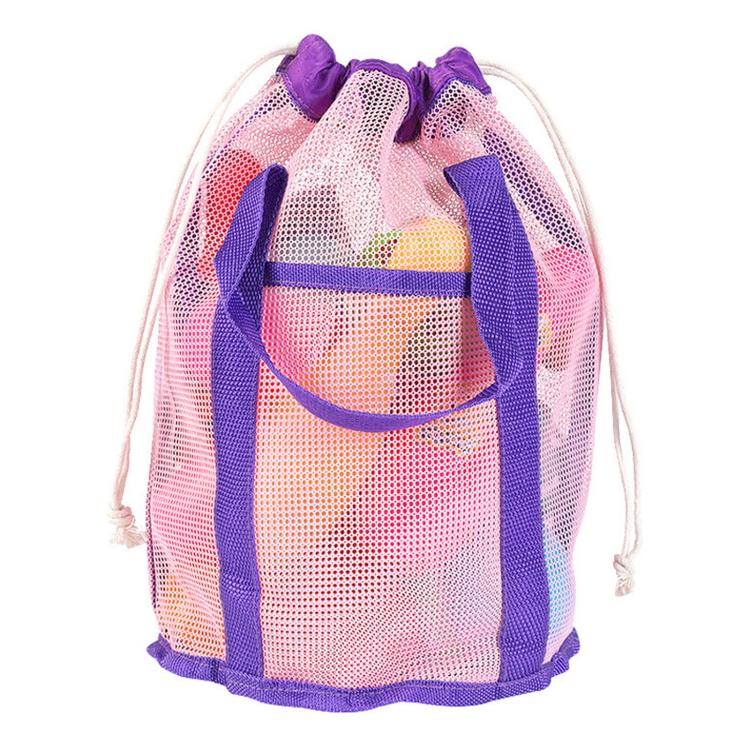 Purple and white mesh drawstring tote with front pocket and braided handle straps