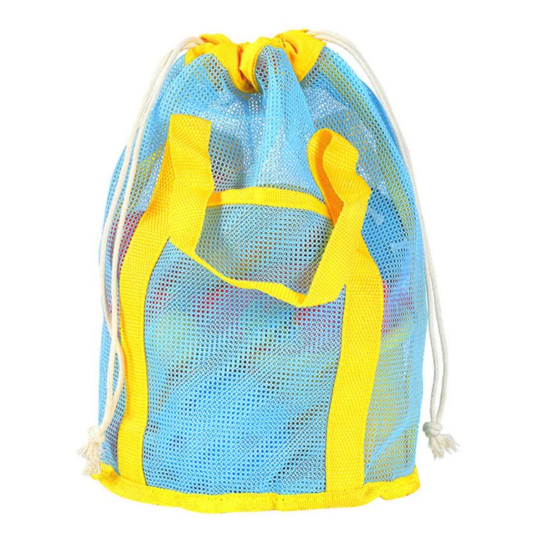 Yellow and sky-blue mesh drawstring tote with front pocket and curved handle strap