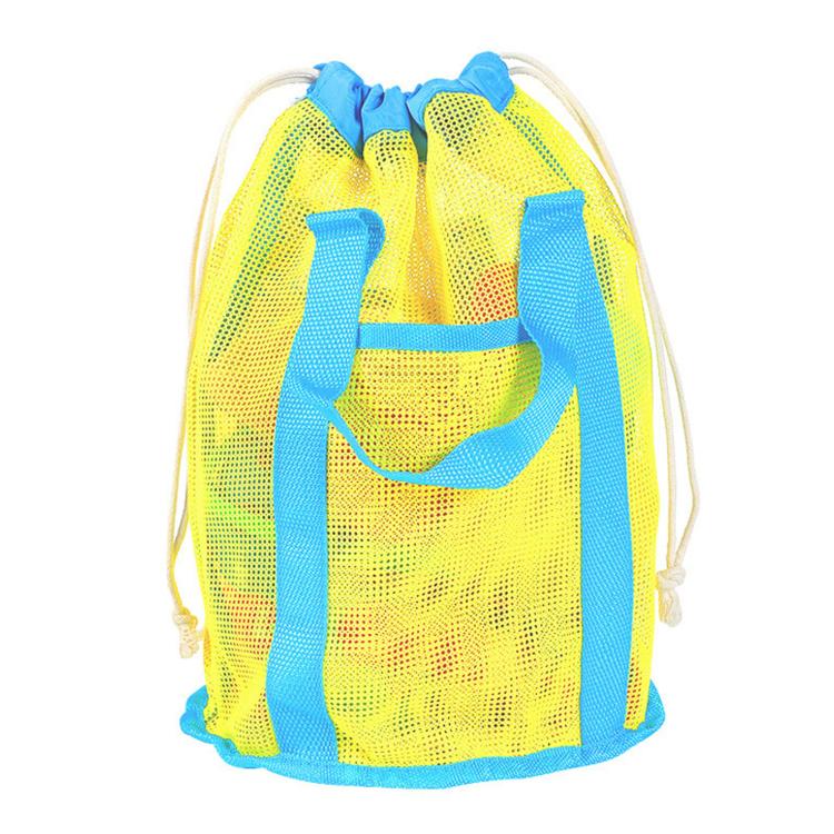 Yellow and bright-blue mesh drawstring tote with front pocket and soft handle straps