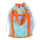 Orange and light-blue mesh drawstring tote with front pocket and soft handle straps