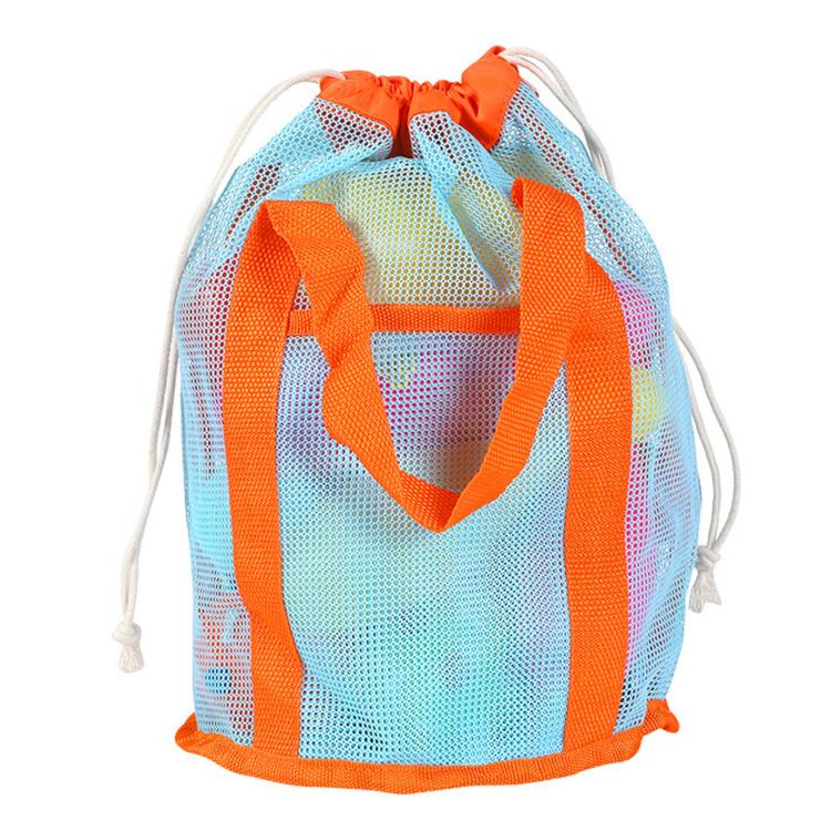 Orange and light-blue mesh drawstring tote with front pocket and soft handle straps