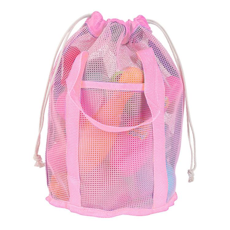 Pink and white mesh drawstring tote with front pocket and braided handle straps