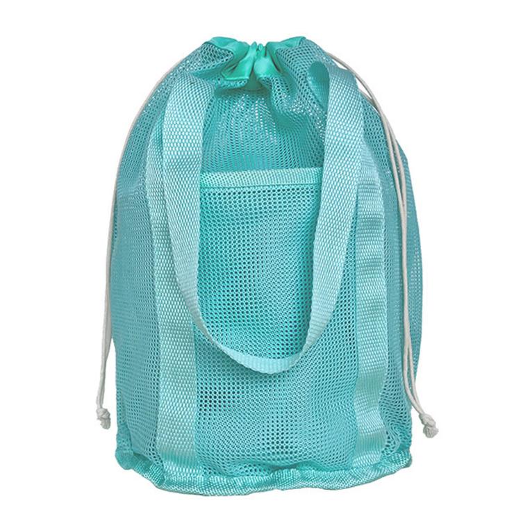 Teal and light-aqua mesh drawstring tote with front pocket and braided handle straps