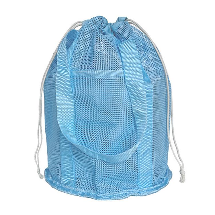 Light-blue mesh drawstring tote with front pocket and curved handle strap