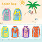 Assorted-color mesh drawstring beach toy tote sacks with front pockets