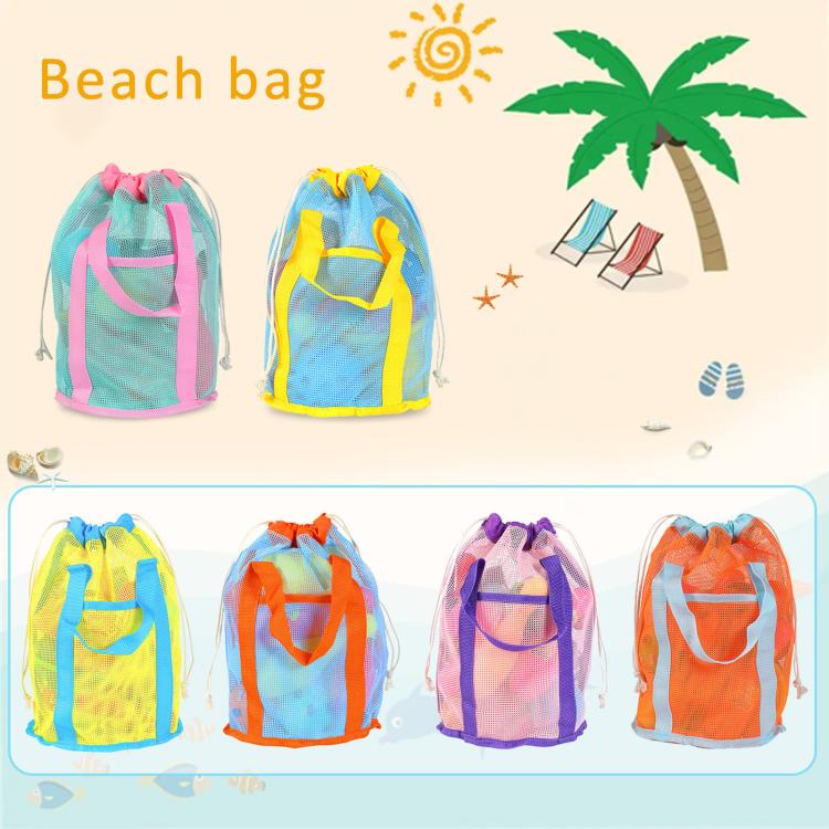 Assorted-color mesh drawstring beach toy tote sacks with front pockets