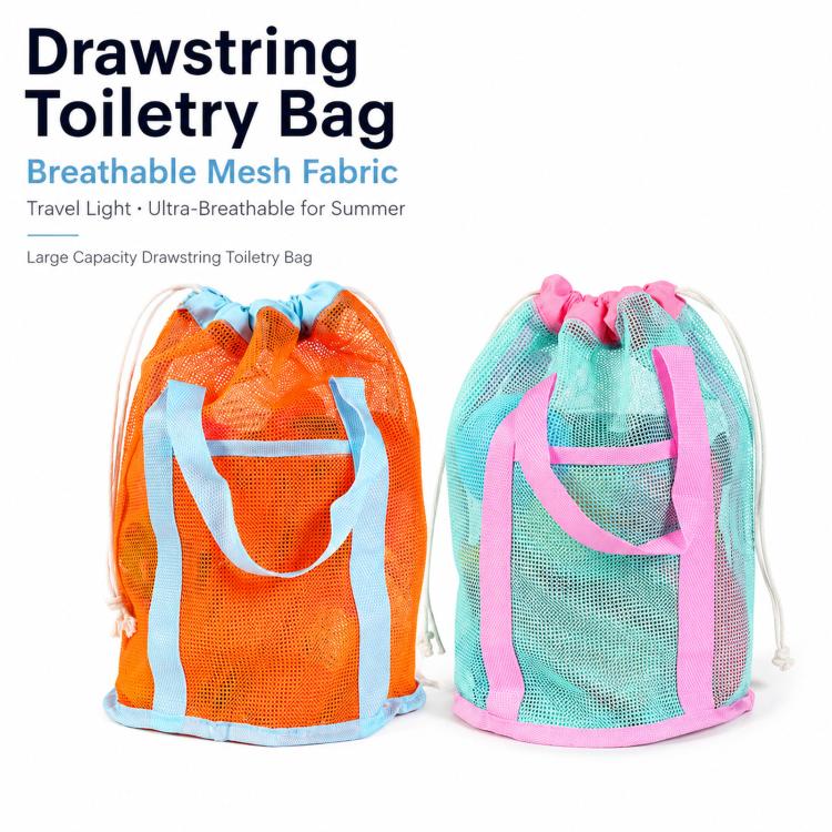 Two mesh drawstring toiletry tote sacks, orange and teal, with front pockets