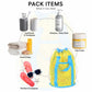 Kids blue and yellow mesh drawstring bag with handle, holds beach essentials