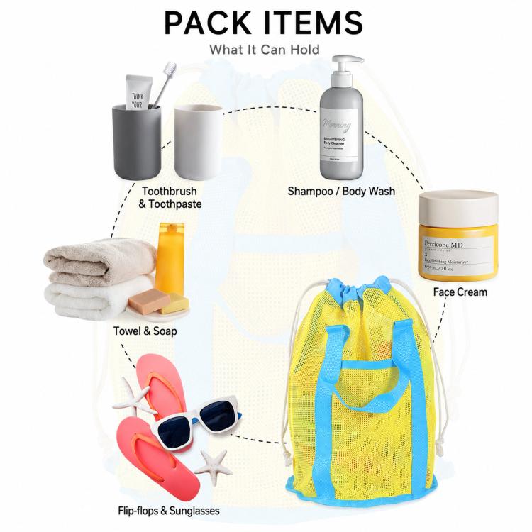 Kids blue and yellow mesh drawstring bag with handle, holds beach essentials